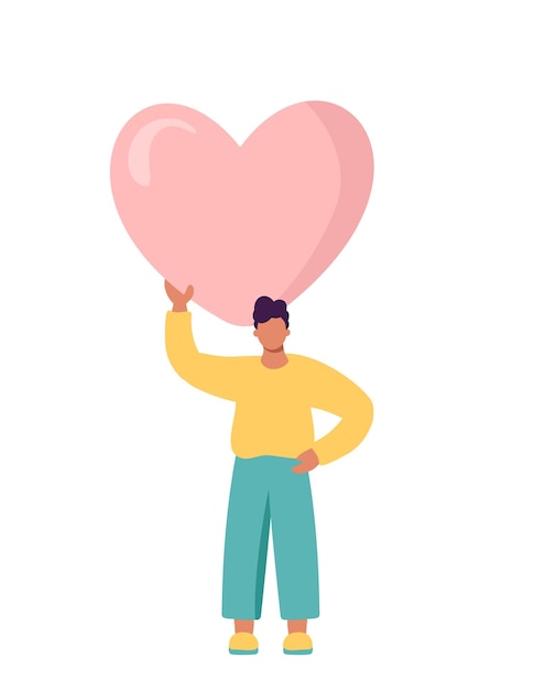 Happy Valentine Day Surprise Man holding Huge Heart Present Loving Person Character go to Dating Seniors Love Romance Feelings Cartoon People Vector Illustration