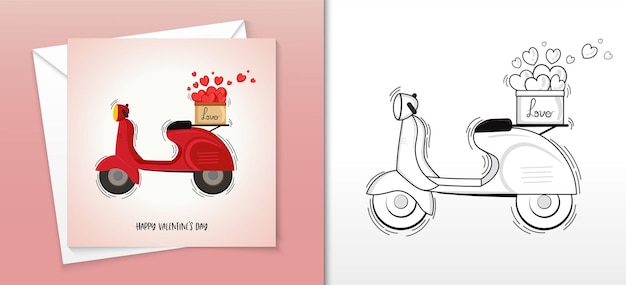 Happy valentine kaart ontwerp met vintage motor mand vol harten illustratie