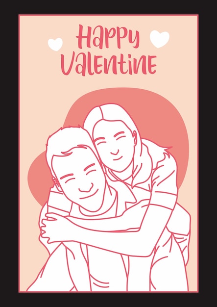 happy valentine postcard design with couple line art