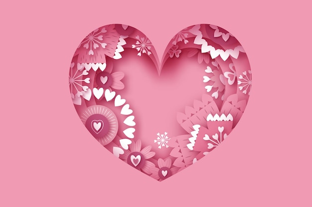 Vector happy valentine's day. abstract pink floral greeting card. international happy women's day. 8 march holiday paper cut style. heart paper craft frame flowers. happy mother's day. space for text.