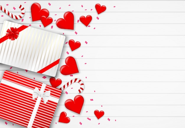 Vector happy valentine's day achtergrond. met hart, geschenkdoos en roze folie confetti op witte houten achtergrond. .