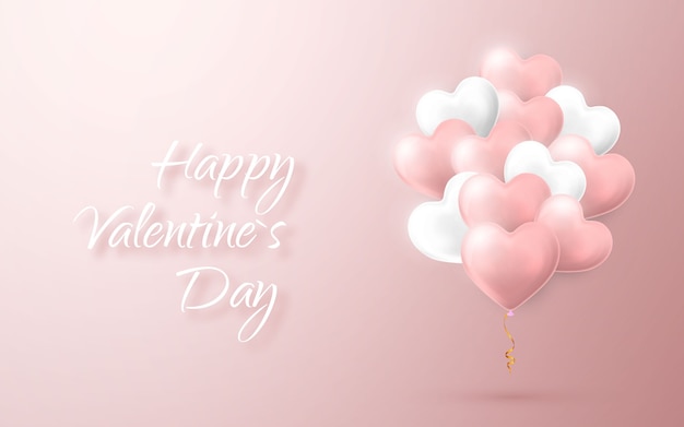 幸せなバレンタインデーの背景、ハートの形でピンクと白のヘリウム気球の束を飛んでいます。