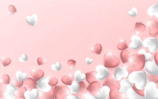 幸せなバレンタインデーの背景、空飛ぶピンクと白のハート。