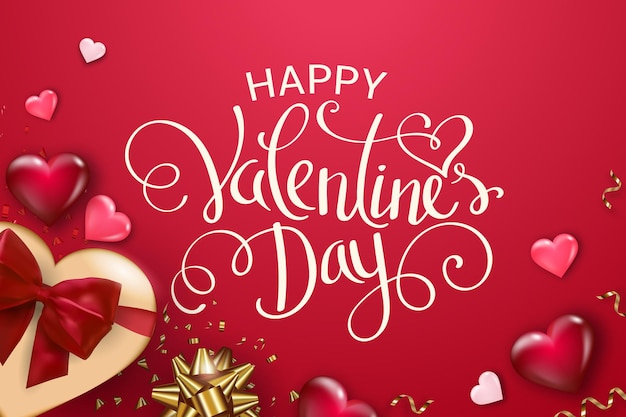 Vector happy valentine's day background with gift box, volume hearts and bows.