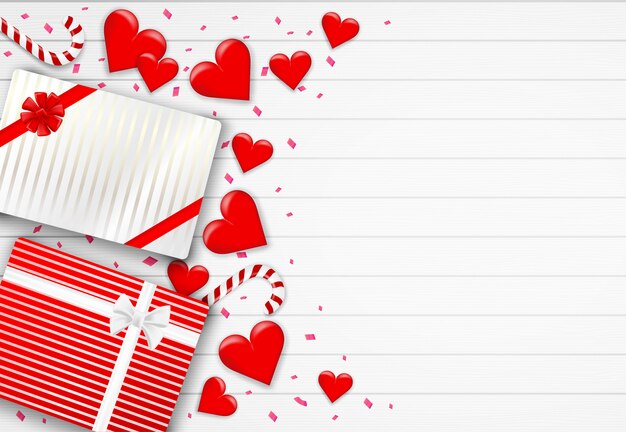 Вектор С днем святого валентина фон. с сердцем, подарочной коробке и розовой фольги конфетти на белом фоне древесины. ,