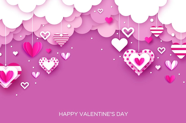 Happy valentine's day background with paper cut heart. flying love hearts