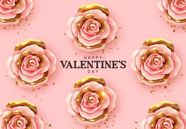 Happy Valentine's Day. Background with realistic 3d flower metal rose, pink and gold color, Glitter golden confetti. Pattern of flower buds. Vector illustration