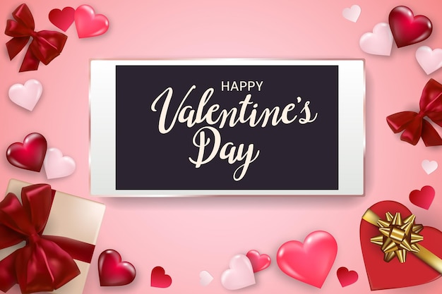 Happy Valentine's Day background with smartphone, gift box, hearts and bows.