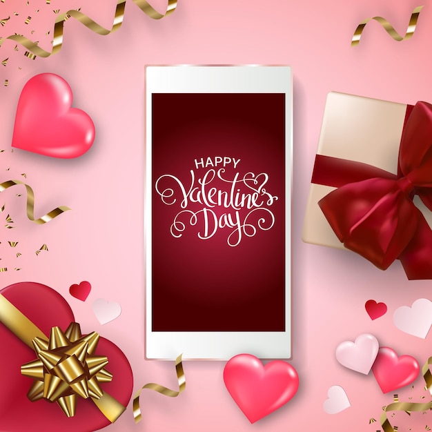 Happy Valentine's Day background with smartphone, gift box, hearts and bows.