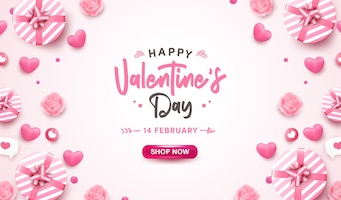 Happy valentine's day banner or background with 3d realistic pink heart, gift box, bubble speech on pastel. romantic greeting card design with lovely elements.