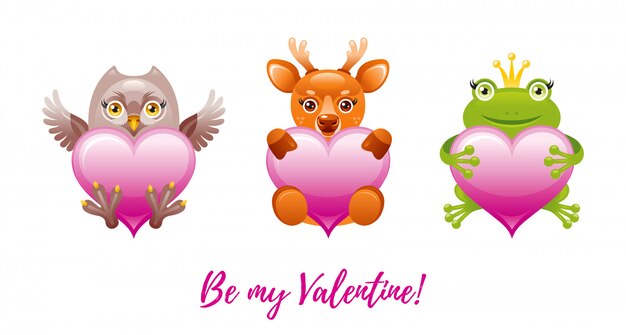 Buon san valentino banner. cuori svegli del fumetto con animali giocattolo - gufo, cervo, rana.