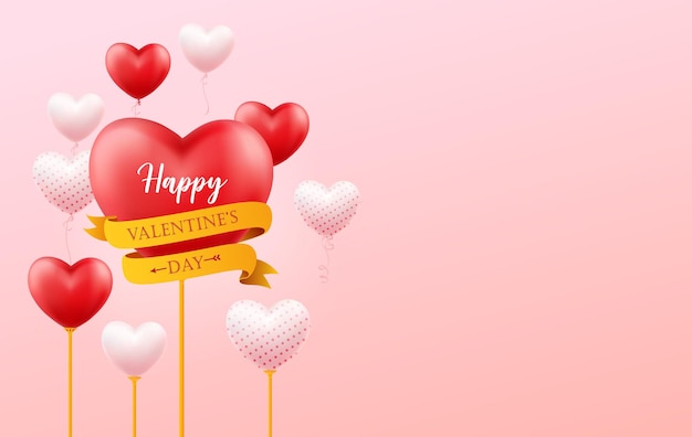 Happy valentine's day banner, flyer, poster, greeting card with space for text and with flying realistic balloons in the shape of heart.