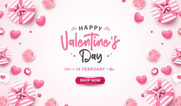 Happy valentine's day banner of achtergrond met 3d-realistische roze hart, geschenkdoos, bubble toespraak op pastel. romantisch wenskaartontwerp met mooie elementen.