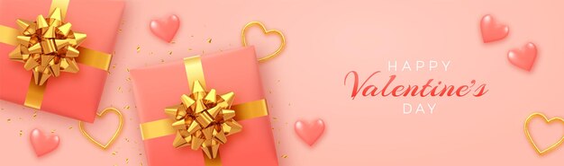 Felice modello di banner di san valentino. scatole regalo realistiche con fiocco dorato,