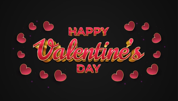 Happy Valentine's Day banner with 3d red and gold text, and red heart on black background