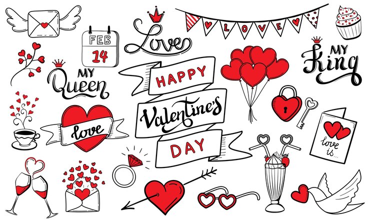 Vector happy valentine's day belettering en doodle stijlenset met handgetekende elementen in rode en zwarte kleur