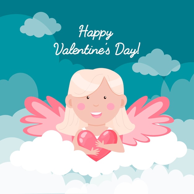 Happy valentine's day card. Angel with a heart in the clouds.