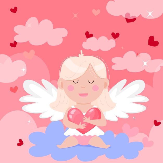 Happy Valentine's Day card. Beautiful angel with a heart in the clouds.