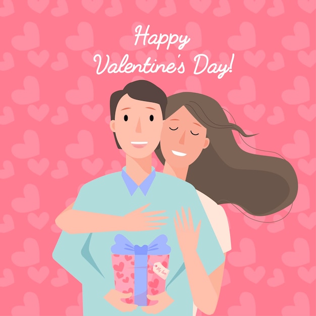 Happy valentine's day card. couple in love. girl hugs a guy with a gift