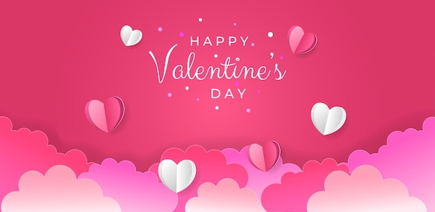 Happy Valentine's day card horizontale banner met papier gesneden haard en cloud roze achtergrond