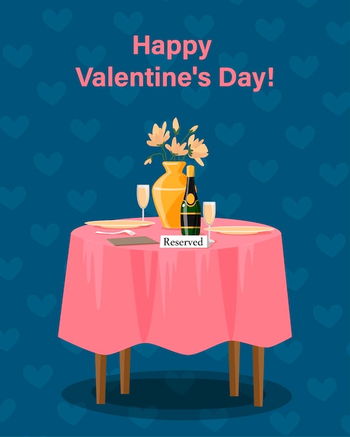 Vector happy valentine's day card. restaurant table for two, date
