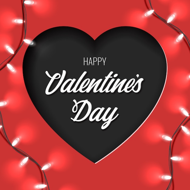 Happy Valentine's day card with paper cut heart shape and bright garland on red background.