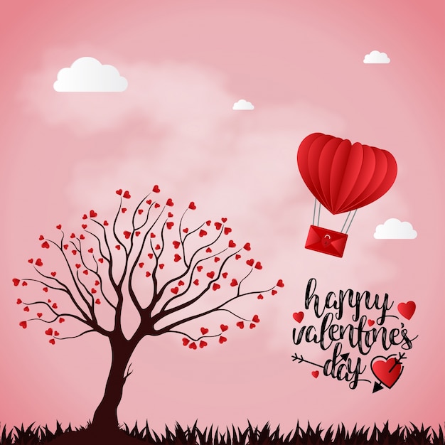 Happy Valentine's day card with pink background and tree