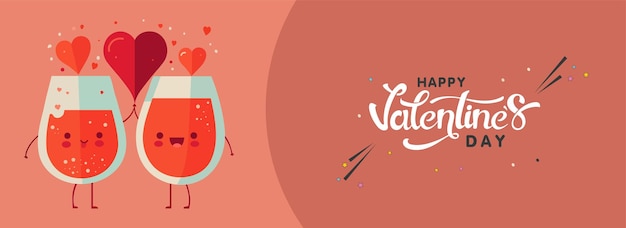 Vector happy valentine's day concept funny cocktail glasses couple cheering with heart shapes