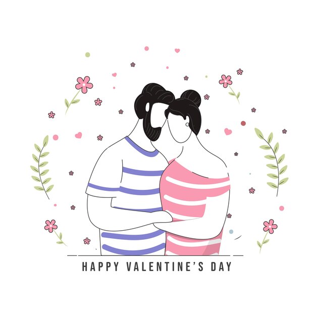 Happy valentine's day concept met doodle stijl omarmen paar en bloemen versierd op een witte achtergrond.