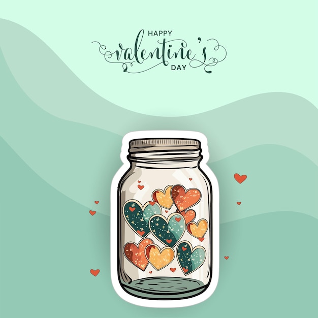 Happy valentine's day concept sticker style colorful hearts inside jar on glossy pastel green wavy background