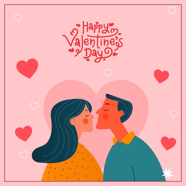 하트 장식 핑크 배경에 키스 로맨틱 젊은 커플 캐릭터와 해피 발렌타인 데이 개념