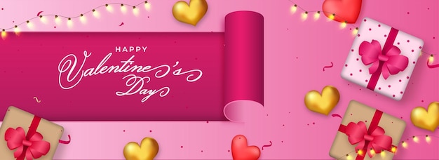 Happy Valentine's Day Concept With Top View Of  Gift Boxes, Hearts And Lighting Garland On Pink Background.