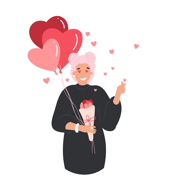 С Днем Святого Валентина. Женщина влюбляется, держа воздушный шар сердца, корейский знак сердца