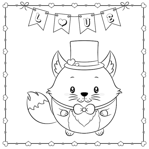 happy valentine's day cute animal baby fox drawing sketch for coloring with hearts frame and love banner