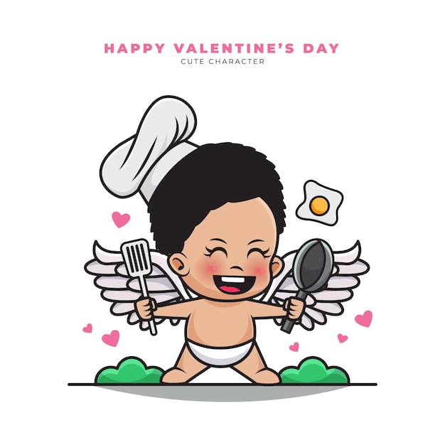 Happy valentine's day. cute cartoon character of black cupid wearing chef hat is cooking eggs