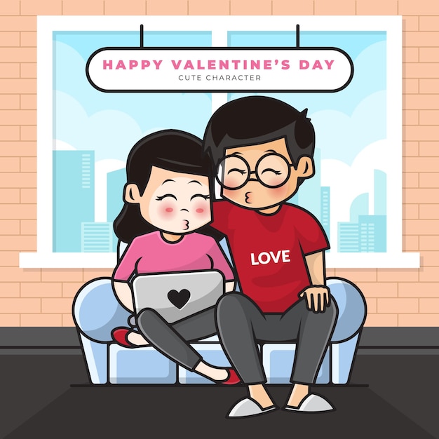 Happy valentine's day. cute cartoon character of couple teenager dating on the sofa