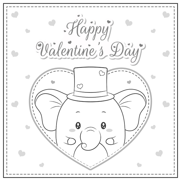 С днем святого валентина милый слон рисунок открытка с большим сердцем эскиз для раскраски