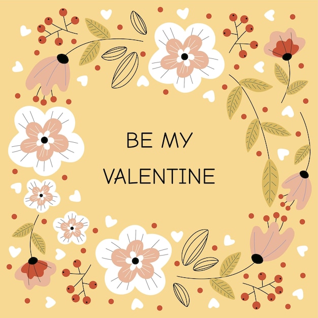С Днем святого Валентина 14 февраля поздравительная открытка Квадратный шаблон с цветами и текстом