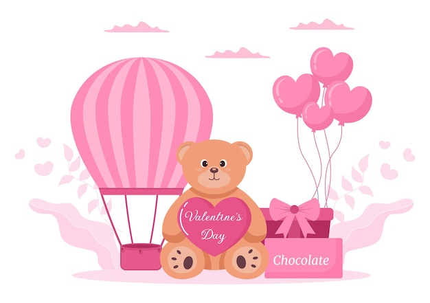 Happy valentine's day flat design illustration which is commemorated on february 17 with teddy bear, air balloon and gift for love greeting card