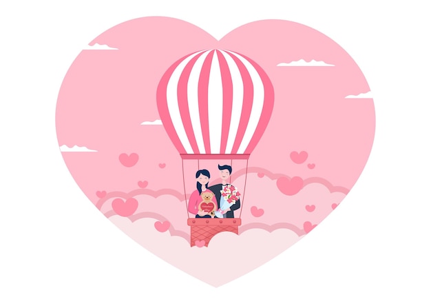 テディベア、エアバルーン、愛のグリーティングカードのギフトで2月17日に記念される幸せなバレンタインデーのフラットなデザインのイラスト