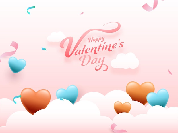 Happy valentine's day font with glossy hearts, confetti ribbon decorated on white clouds and pink background.