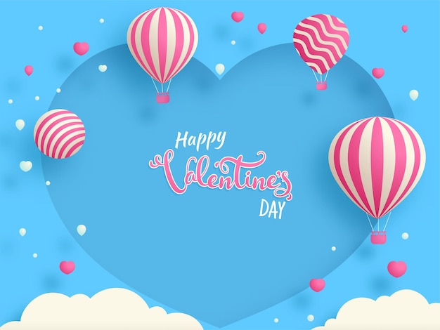 Happy Valentine's Day Font With Hot Air Balloons Sphere Clouds Decorated Blue Heart Shape Background