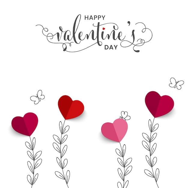 Happy Valentine's Day Font With Line Art Leaves Branch, Butterflies And Paper Hearts On White Background.