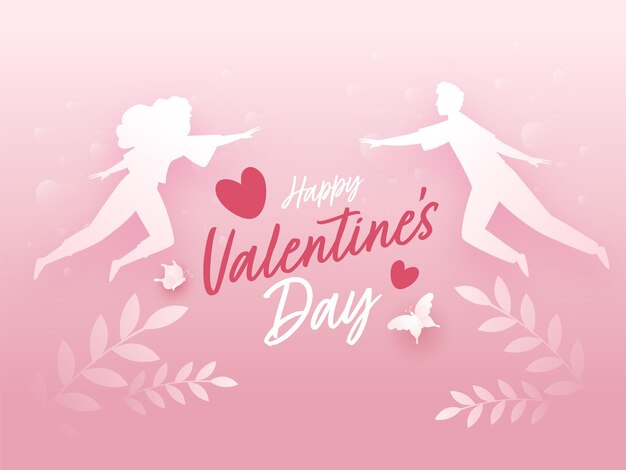 Happy Valentine's Day Font With Silhouette Couple Flying, Leaves And Butterflies On Glossy Pink Background.