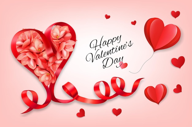 Happy Valentine's Day getting card with a red heart shape ribbon and flowers of magnolia Vector