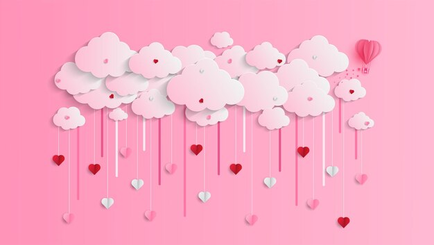 Happy valentine's  day greeting banner in papercut realistic style. paper hearts and clouds