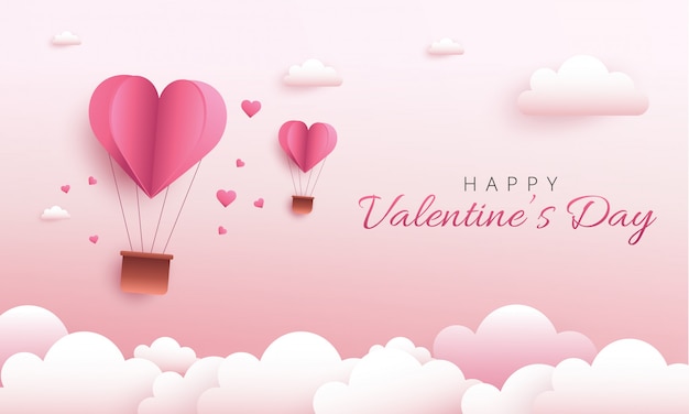 Happy Valentine's Day greeting card design. Holiday banner with hot air heart balloon