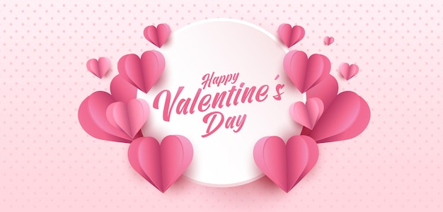 Happy Valentine's Day greeting card . Holiday banner with paper art style heart shapes.