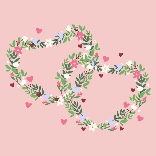 Vector happy valentine's day greeting card square template with flowers in the form of two hearts