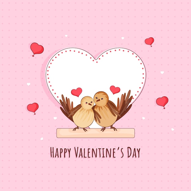 Happy Valentine's Day Greeting Card With Birds Couple Sitting At Branch And Empty Heart Shape Frame On Pink Dotted Background